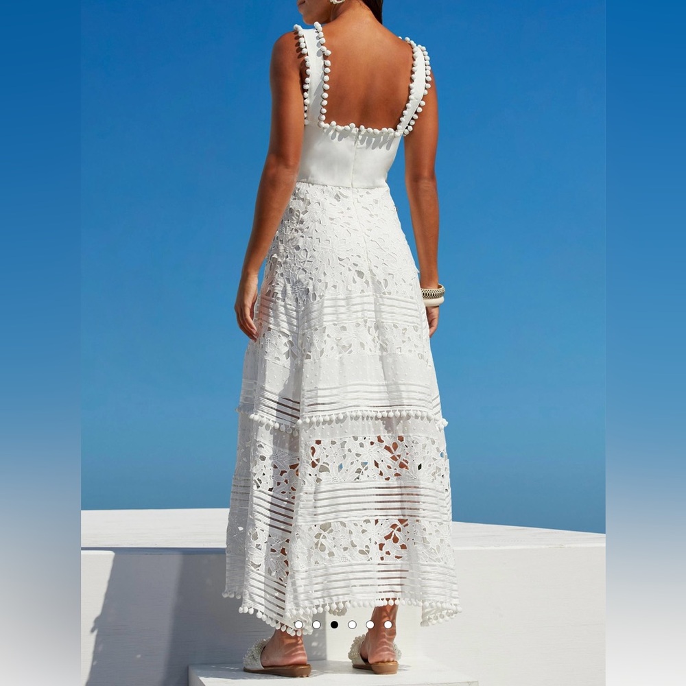 Boston proper Mixed Media white Lace Pom Pom maxi Dress.